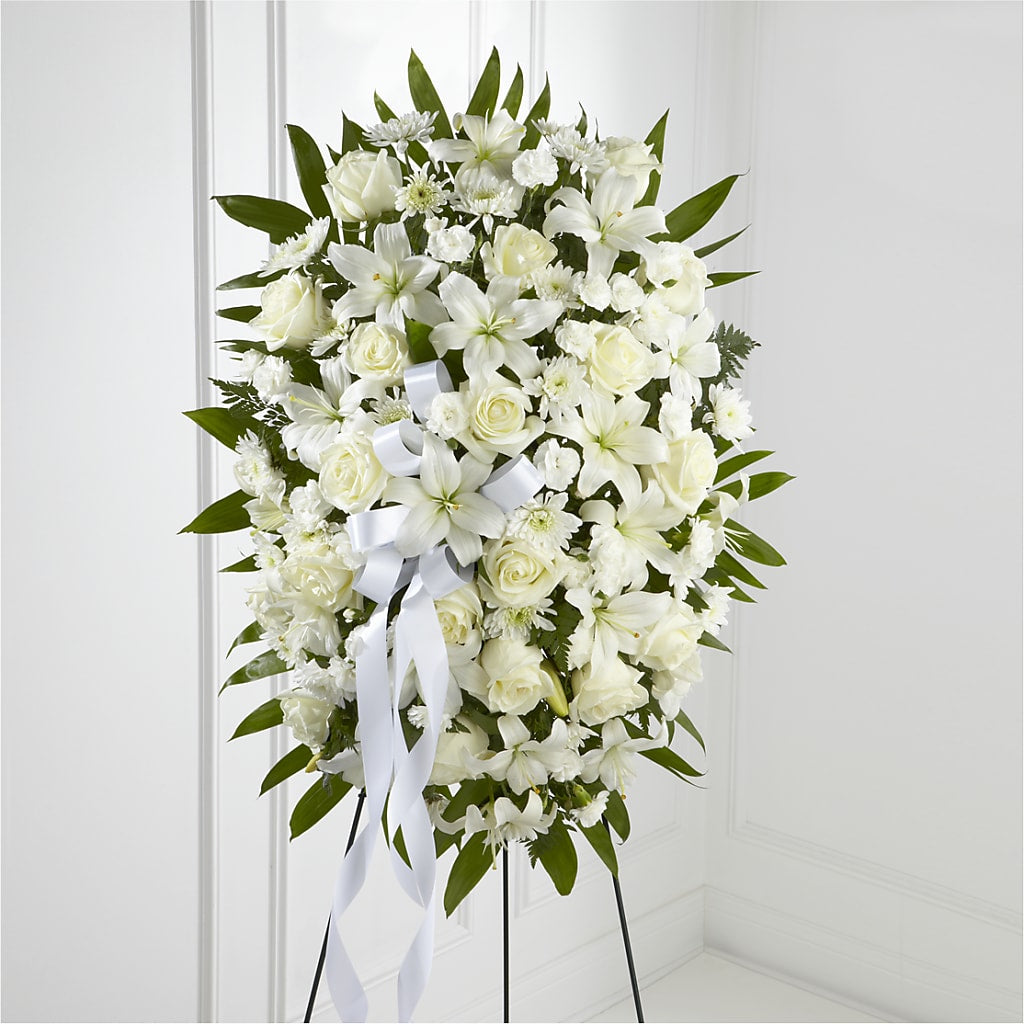 Exquisite Tribute Standing Spray-White Ribbon – BO'S ACCENT FLOWERS, Middlesboro KY