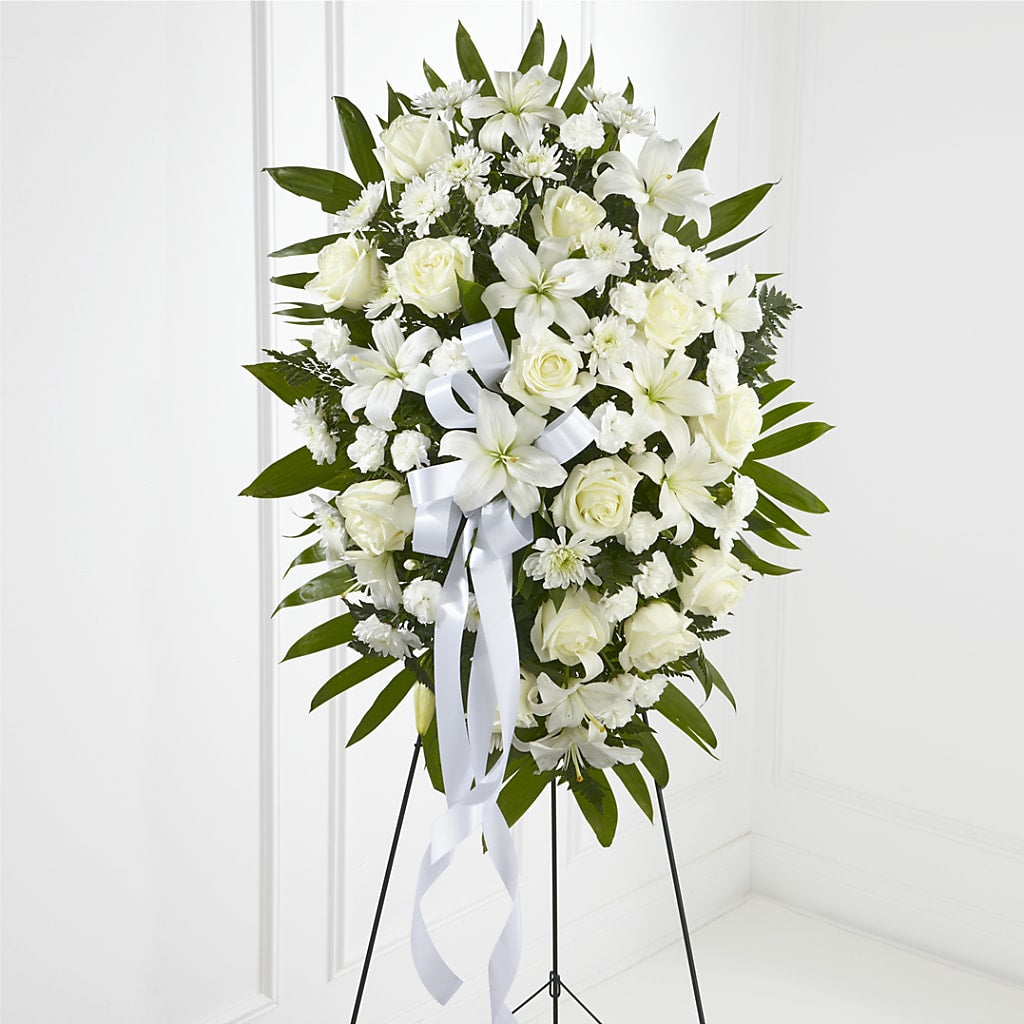 Exquisite Tribute Standing Spray-White Ribbon – BO'S ACCENT FLOWERS, Middlesboro KY