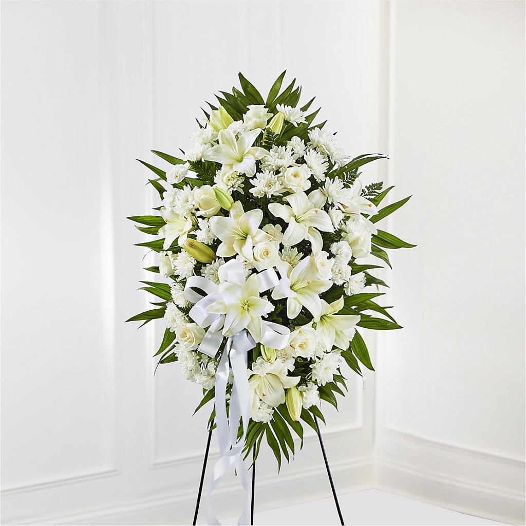 Exquisite Tribute Standing Spray-White Ribbon – BO'S ACCENT FLOWERS, Middlesboro KY